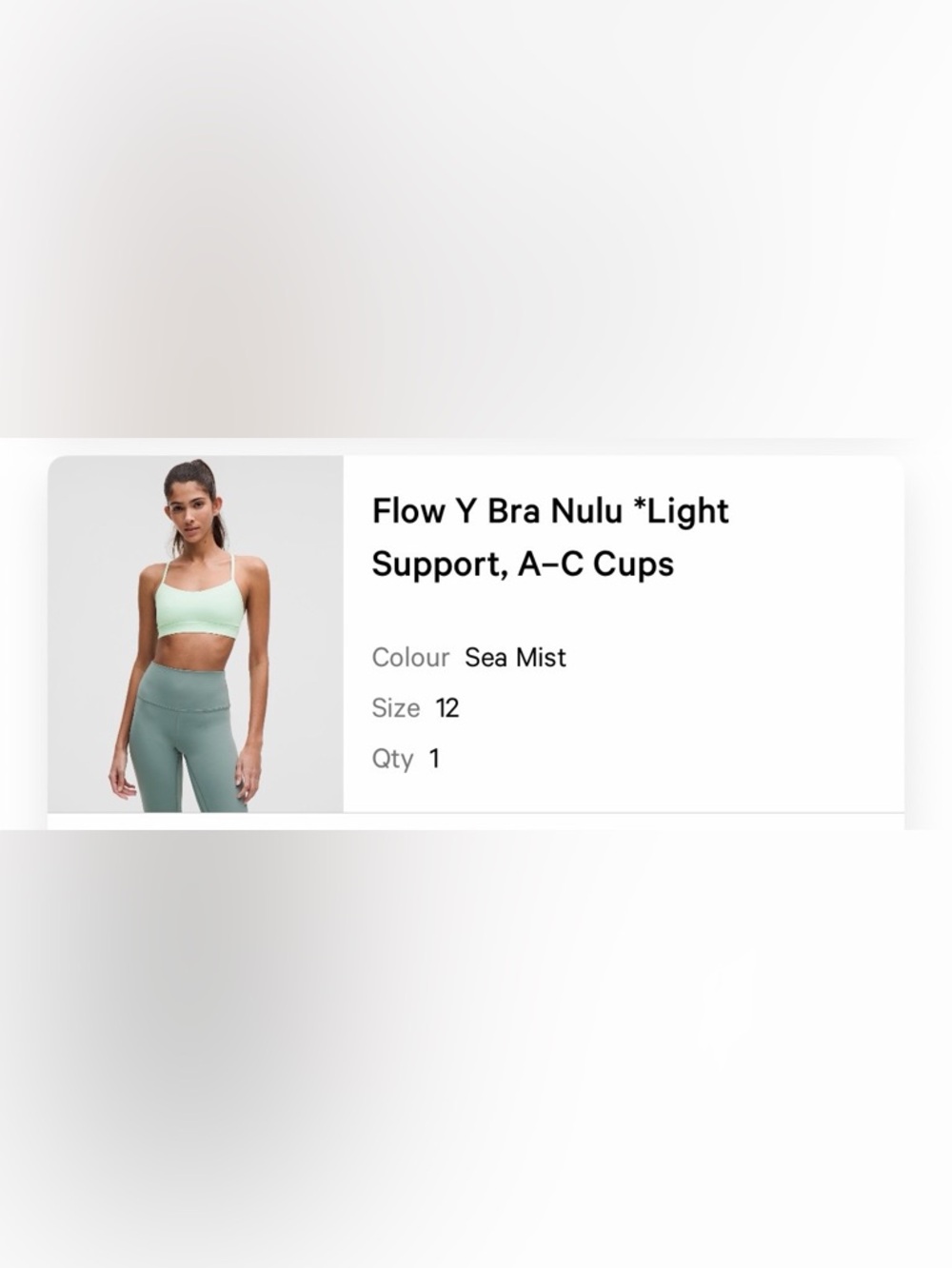 Lululemon Flow Y Bra in Sea Mist, A-C cup, Light Support. Size 12